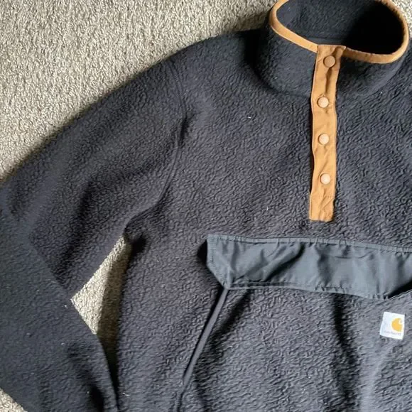 Carharrt Women's Pullover M Relaxed Fit Black Tan Fleece 1/4 Button Pocket Warm - Picture 2 of 14